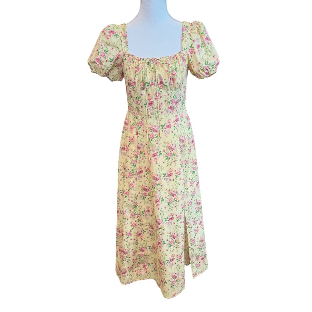 Rosie Posie Floral Cottagecore Midi Dress S Yellow Coquette Milkmaid Bridgerton - Picture 2 of 14